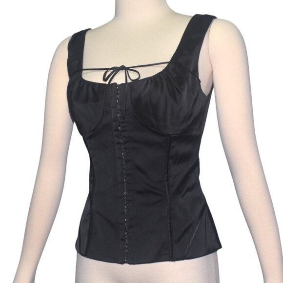 Vintage Y2K Black Satin Corset Bustier Top Hook Front and Bow S M - Picture 1 of 6